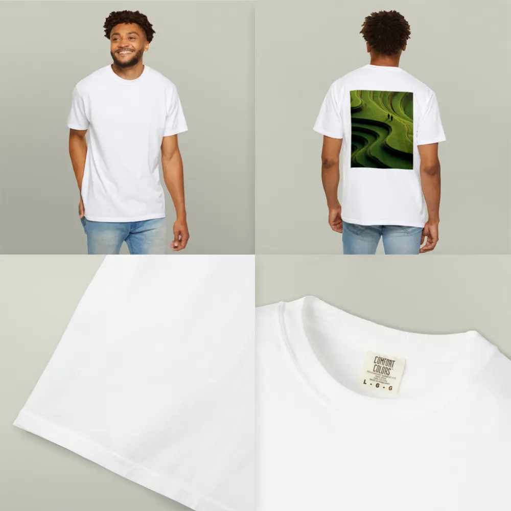 Two Figures Walking Green Rice Field Terraces – T-Shirts