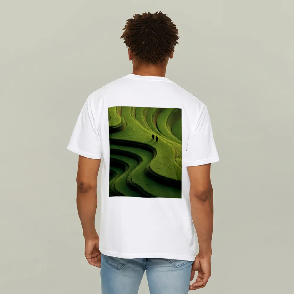 Two Figures Walking Green Rice Field Terraces – T-Shirts