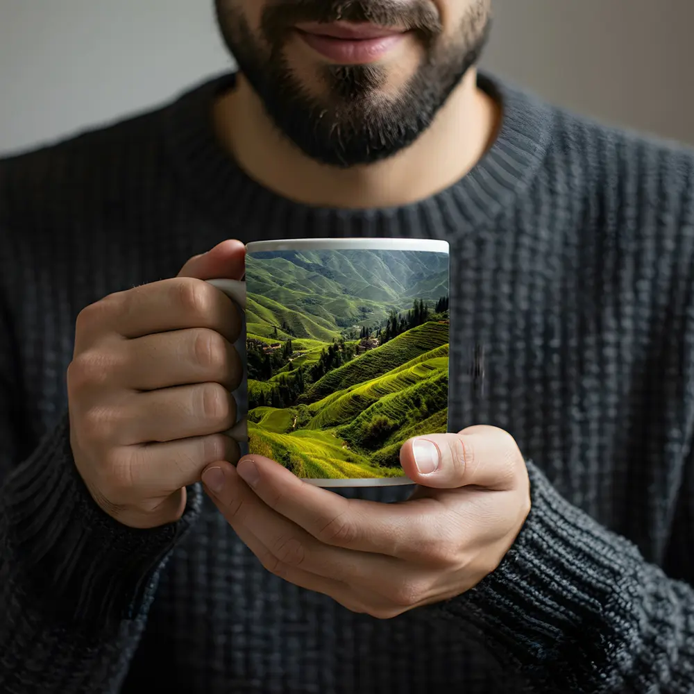 Green Rice Fields Terraced Mountain Landscape China – Mugs