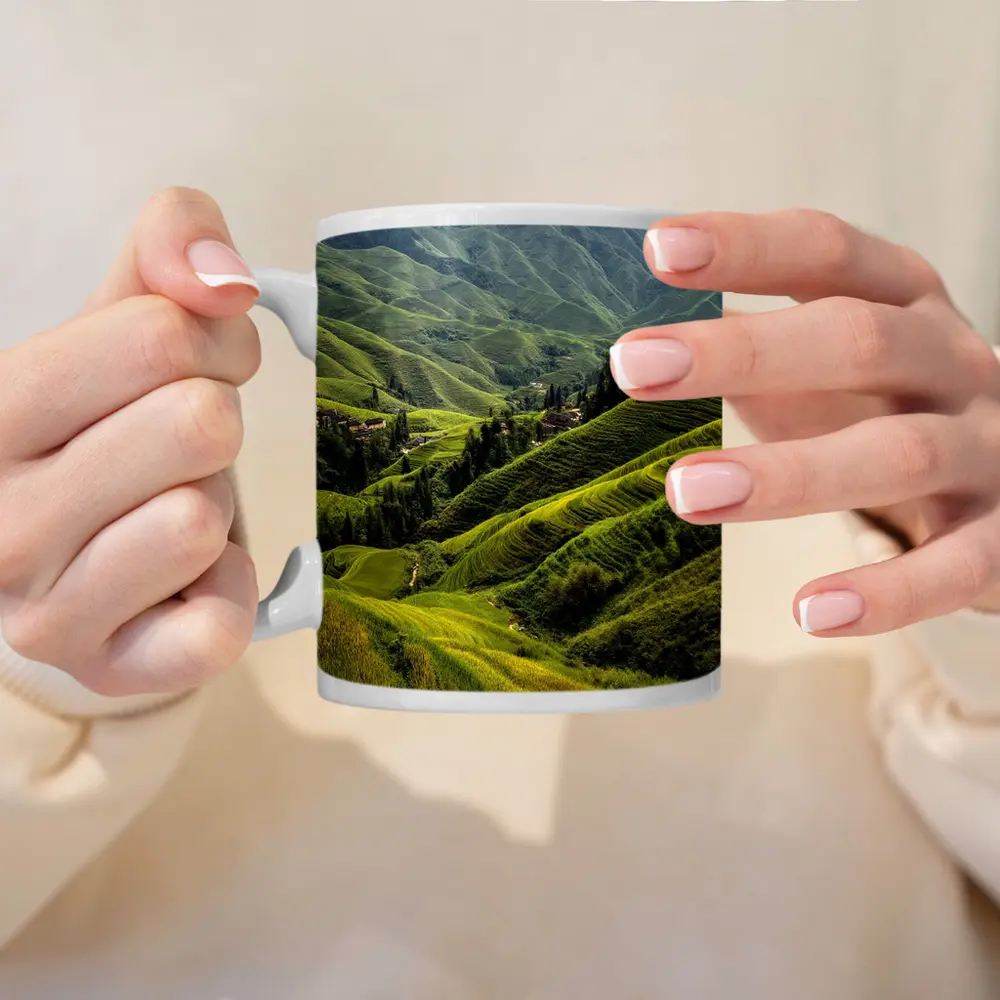 Green Rice Fields Terraced Mountain Landscape China – Mugs
