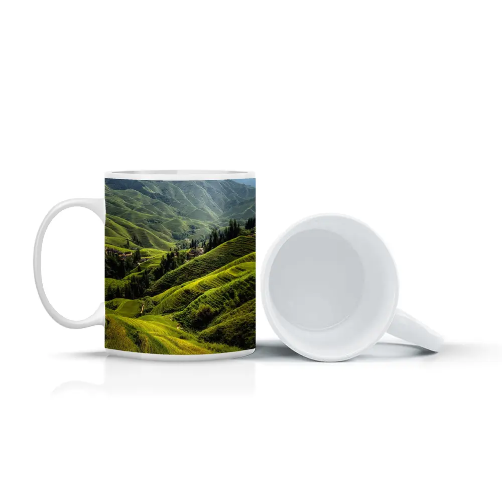 Green Rice Fields Terraced Mountain Landscape China – Mugs