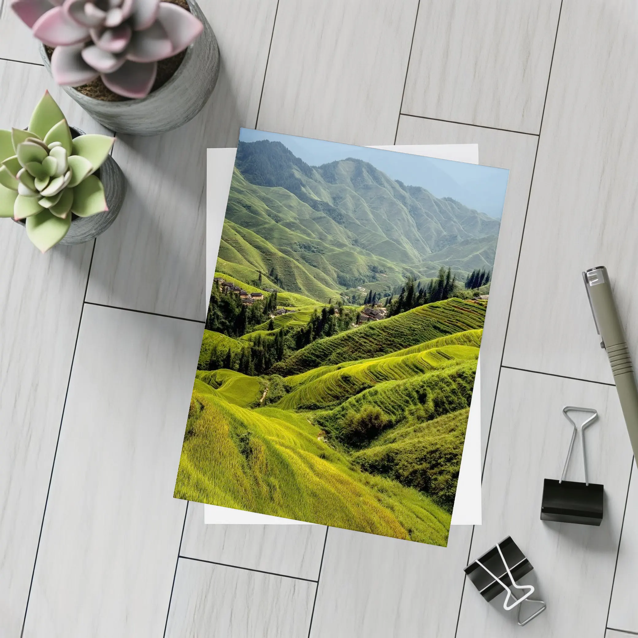 Green Rice Fields Terraced Mountain Landscape China – Postcards