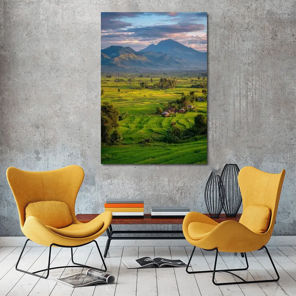 Green Rice Fields Mountain Sunset Landscape – Wall Art