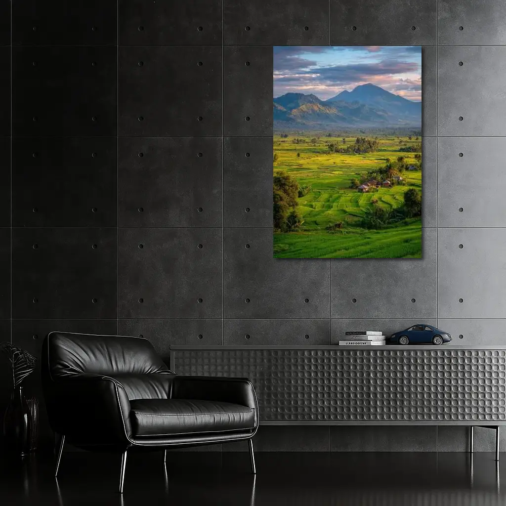Green Rice Fields Mountain Sunset Landscape – Wall Art