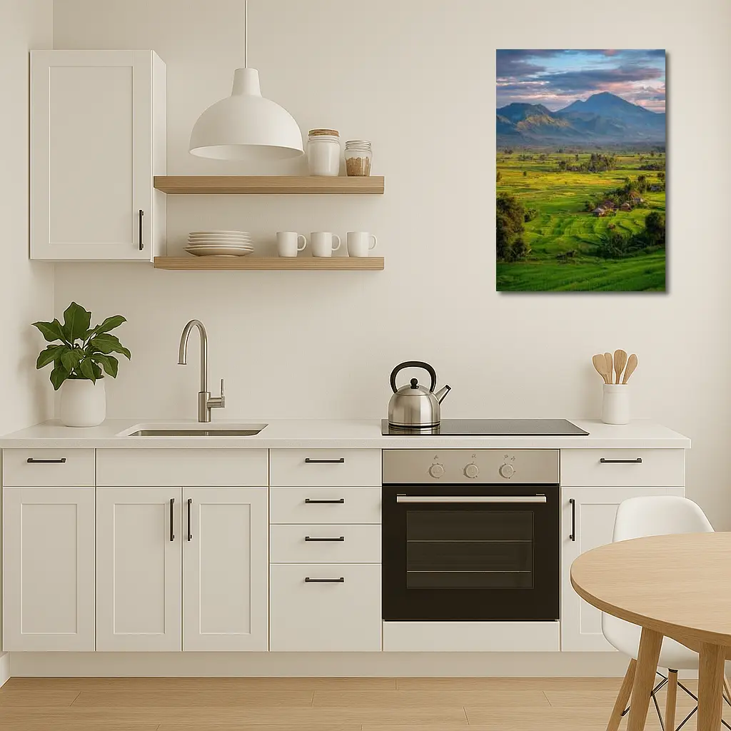 Green Rice Fields Mountain Sunset Landscape – Wall Art
