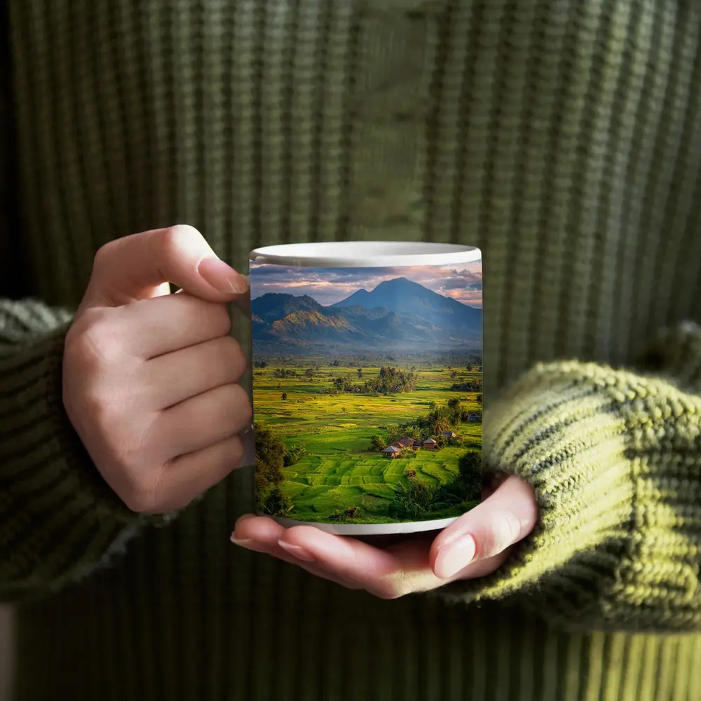 Green Rice Fields Mountain Sunset Landscape – Mugs