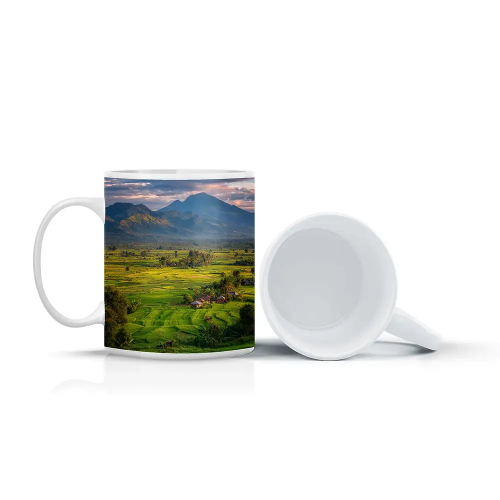 Green Rice Fields Mountain Sunset Landscape – Mugs