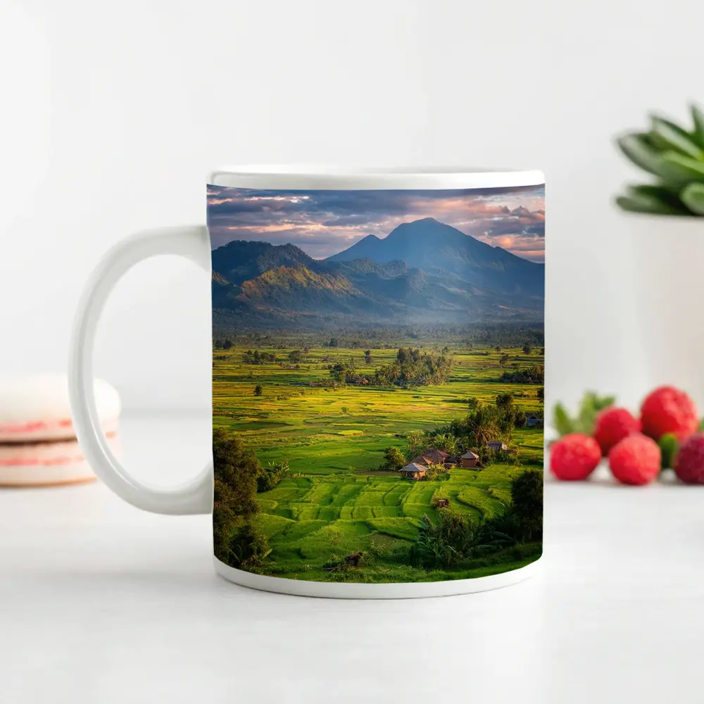 Green Rice Fields Mountain Sunset Landscape – Mugs