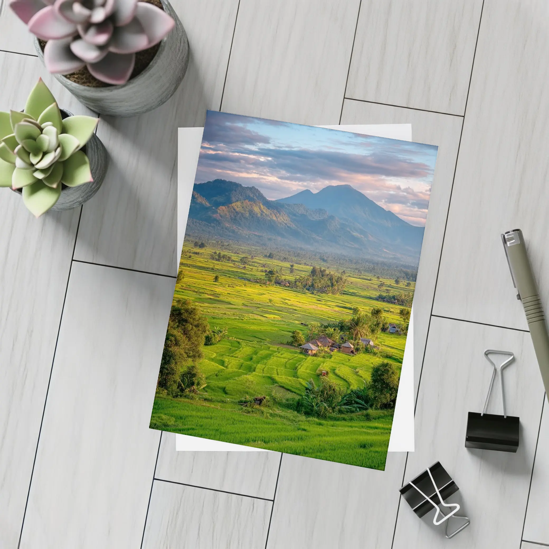 Green Rice Fields Mountain Sunset Landscape – Postcards