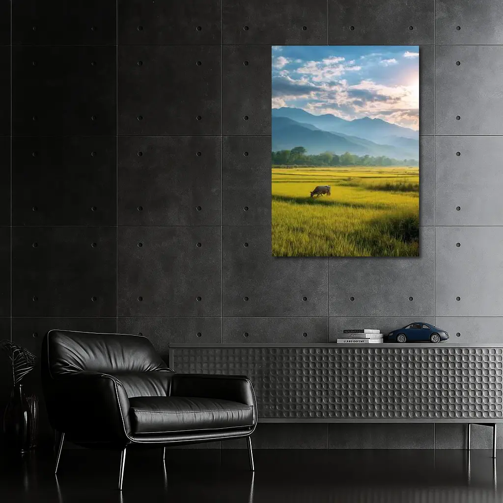 Buffalo Grazing Green Rice Fields Mountain Backdrop – Wall Art