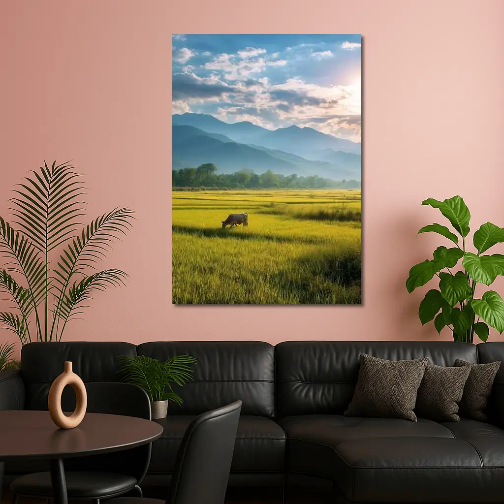 Buffalo Grazing Green Rice Fields Mountain Backdrop – Wall Art
