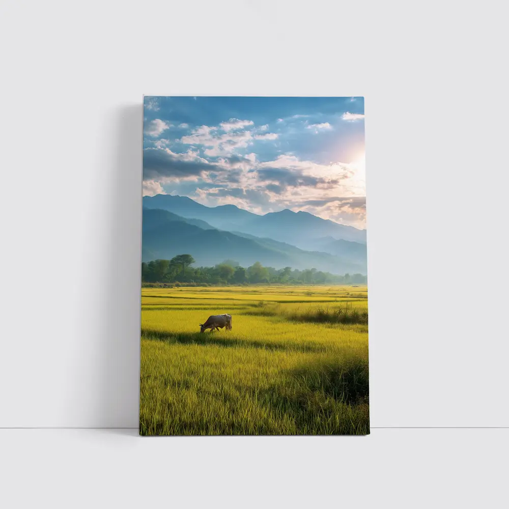 Buffalo Grazing Green Rice Fields Mountain Backdrop – Wall Art