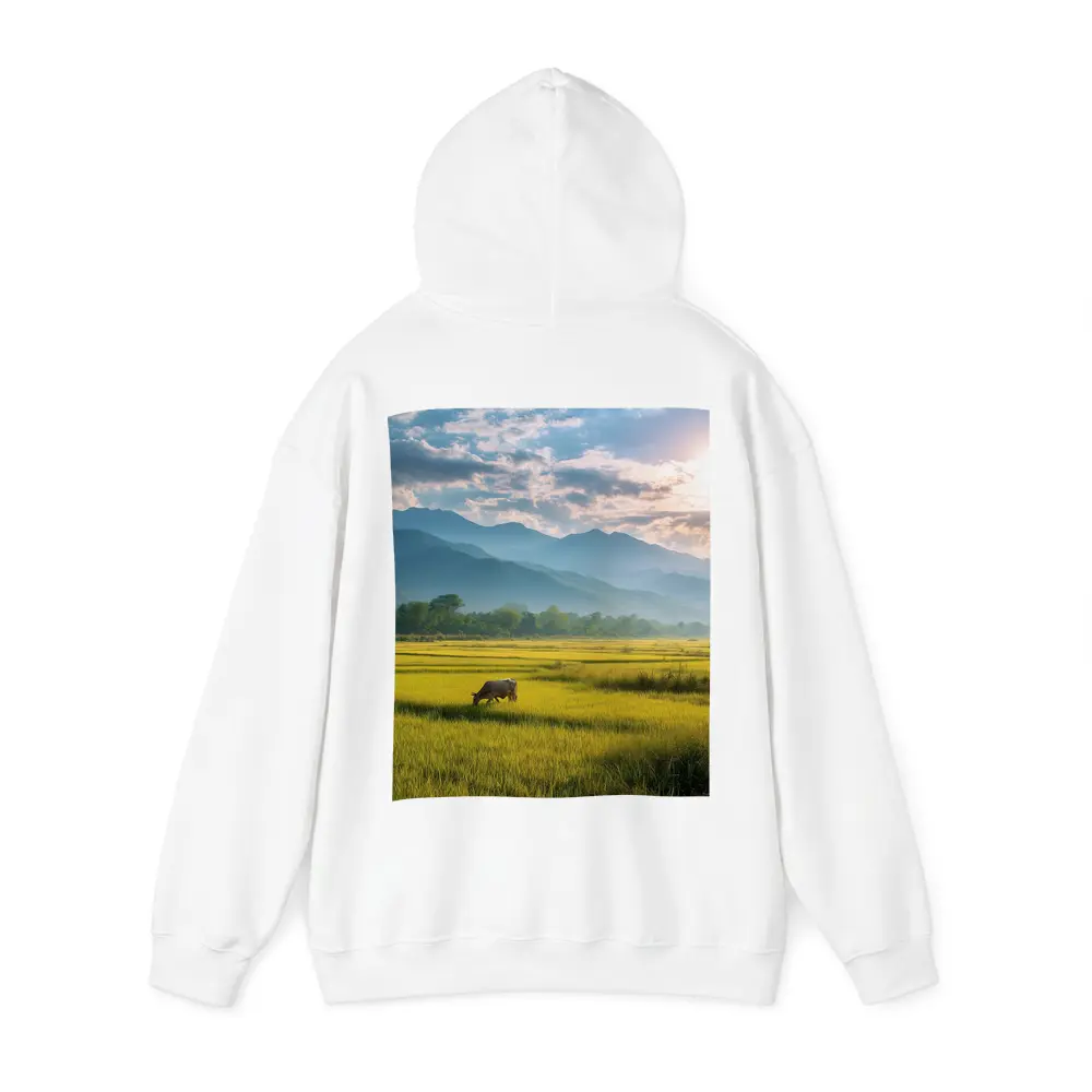 Buffalo Grazing Green Rice Fields Mountain Backdrop – Hoodies