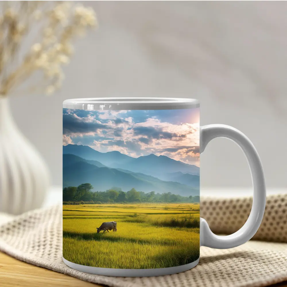 Buffalo Grazing Green Rice Fields Mountain Backdrop – Mugs