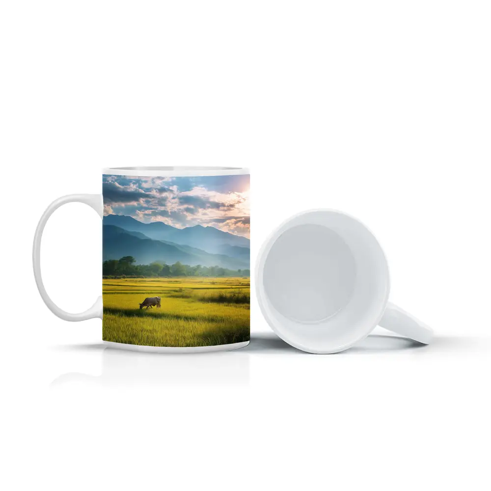 Buffalo Grazing Green Rice Fields Mountain Backdrop – Mugs