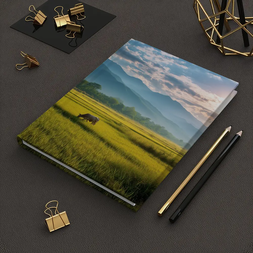 Buffalo Grazing Green Rice Fields Mountain Backdrop – Notebooks