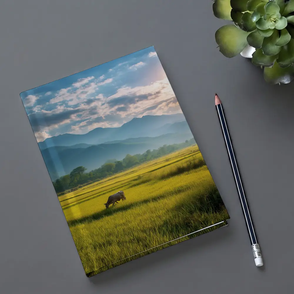 Buffalo Grazing Green Rice Fields Mountain Backdrop – Notebooks