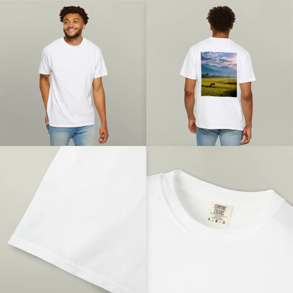 Buffalo Grazing Green Rice Fields Mountain Backdrop – T-Shirts