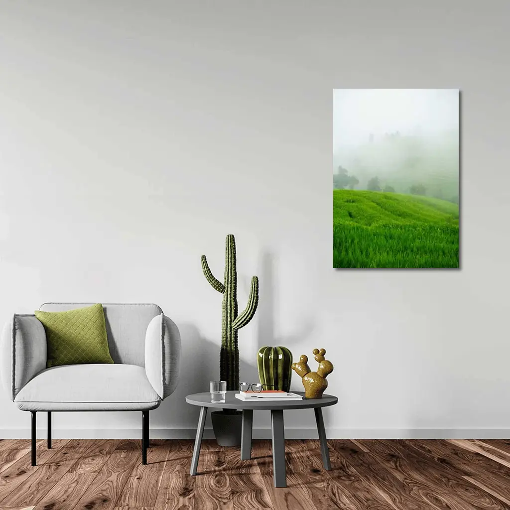 Green Rice Fields Misty Foggy Hillside – Wall Art