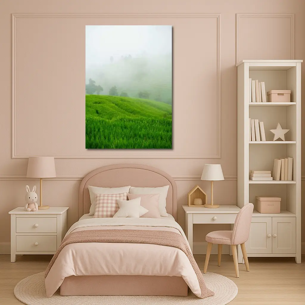 Green Rice Fields Misty Foggy Hillside – Wall Art