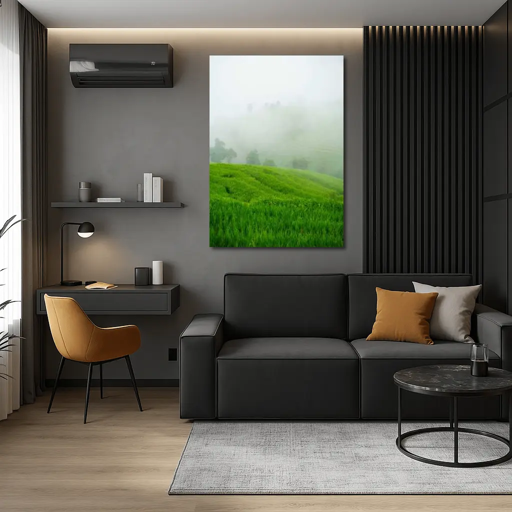 Green Rice Fields Misty Foggy Hillside – Wall Art