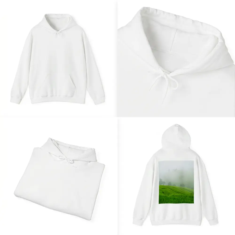 Green Rice Fields Misty Foggy Hillside – Hoodies