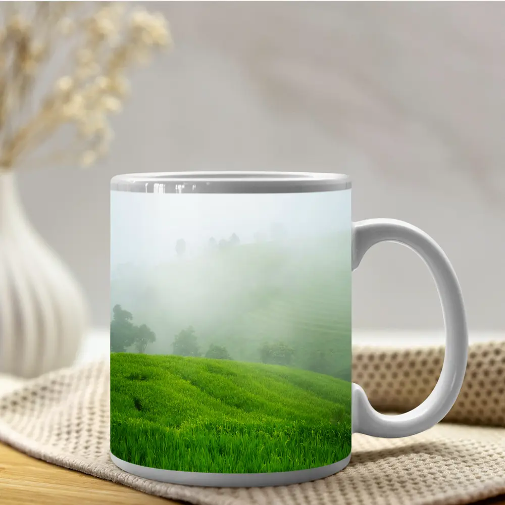 Green Rice Fields Misty Foggy Hillside – Mugs