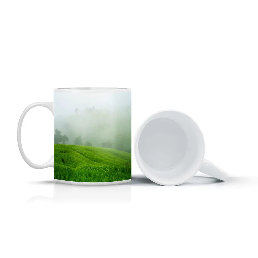 Green Rice Fields Misty Foggy Hillside – Mugs