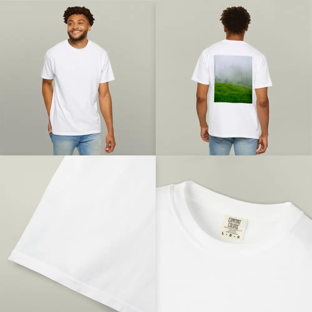Green Rice Fields Misty Foggy Hillside – T-Shirts