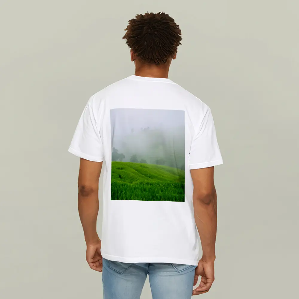 Green Rice Fields Misty Foggy Hillside – T-Shirts