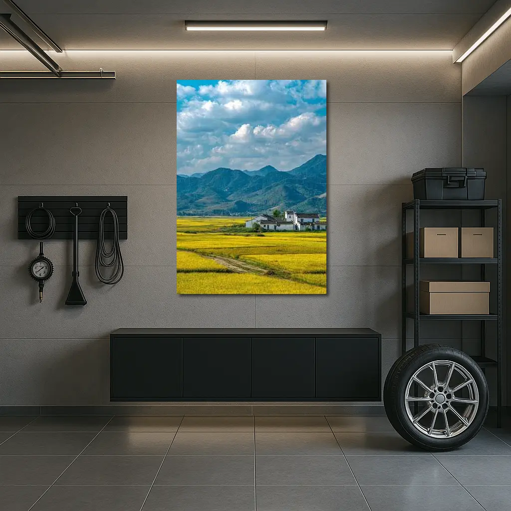 Golden Rice Fields Mountains Rural China – Wall Art