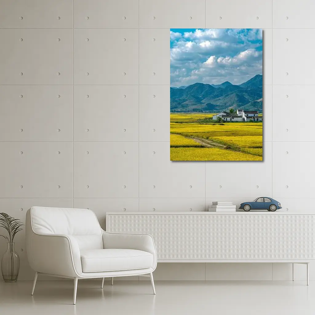 Golden Rice Fields Mountains Rural China – Wall Art