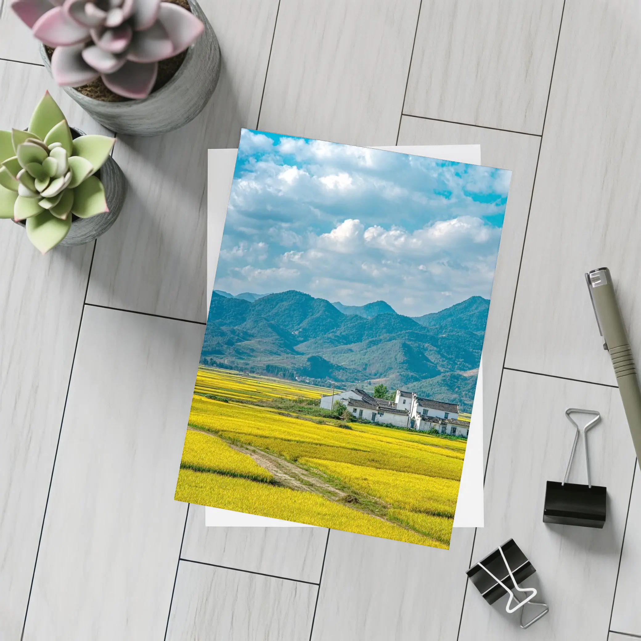 Golden Rice Fields Mountains Rural China – Postcards