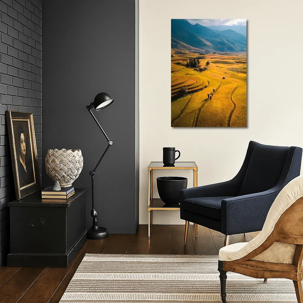 Golden Rice Fields Aerial Mountain Valley View – Wall Art