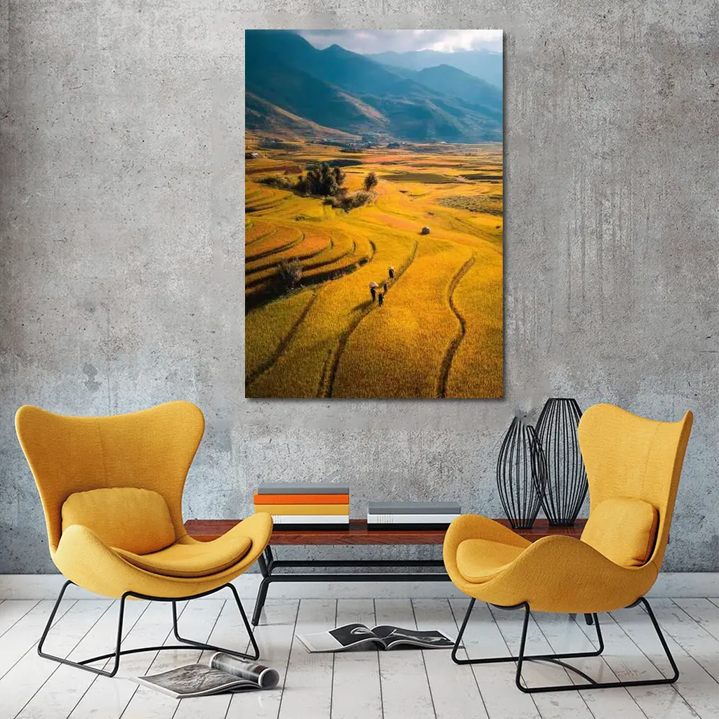 Golden Rice Fields Aerial Mountain Valley View – Wall Art