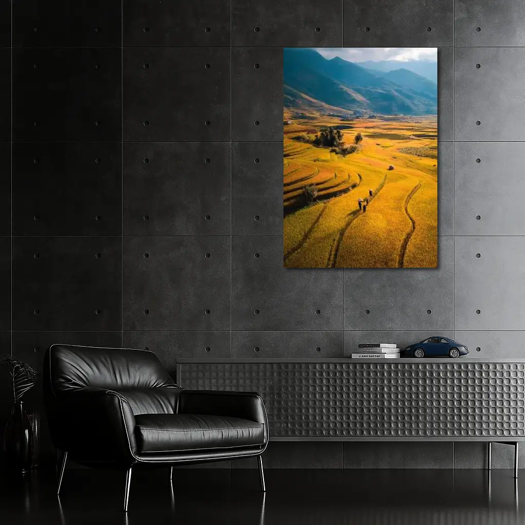 Golden Rice Fields Aerial Mountain Valley View – Wall Art