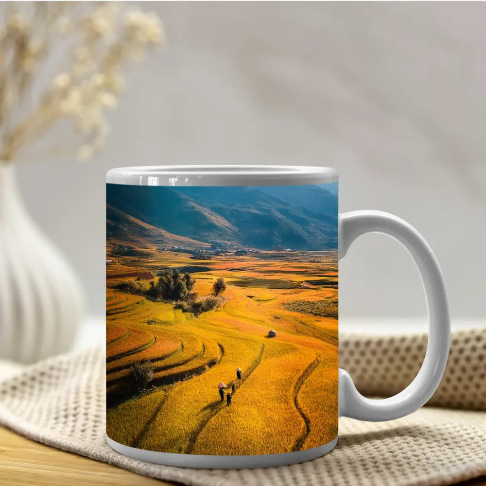 Golden Rice Fields Aerial Mountain Valley View – Mugs