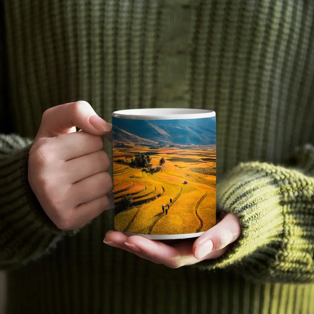Golden Rice Fields Aerial Mountain Valley View – Mugs