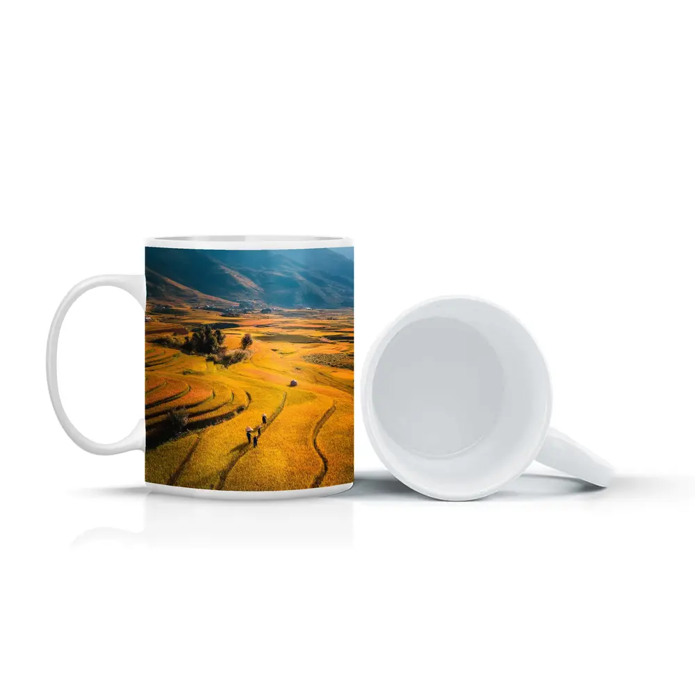 Golden Rice Fields Aerial Mountain Valley View – Mugs