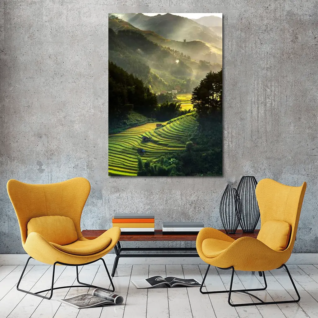 Rice Fields Terraces Golden Misty Mountain Valley – Wall Art