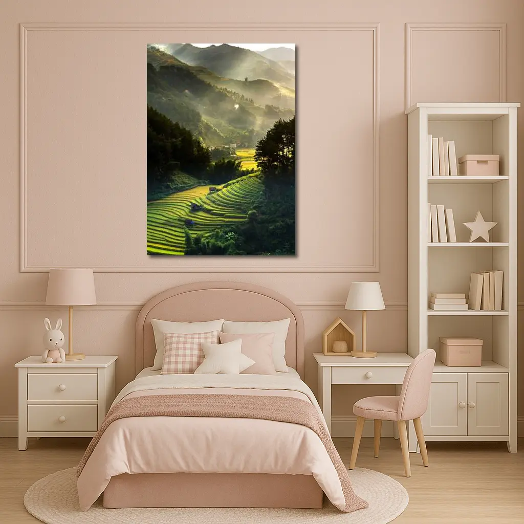 Rice Fields Terraces Golden Misty Mountain Valley – Wall Art
