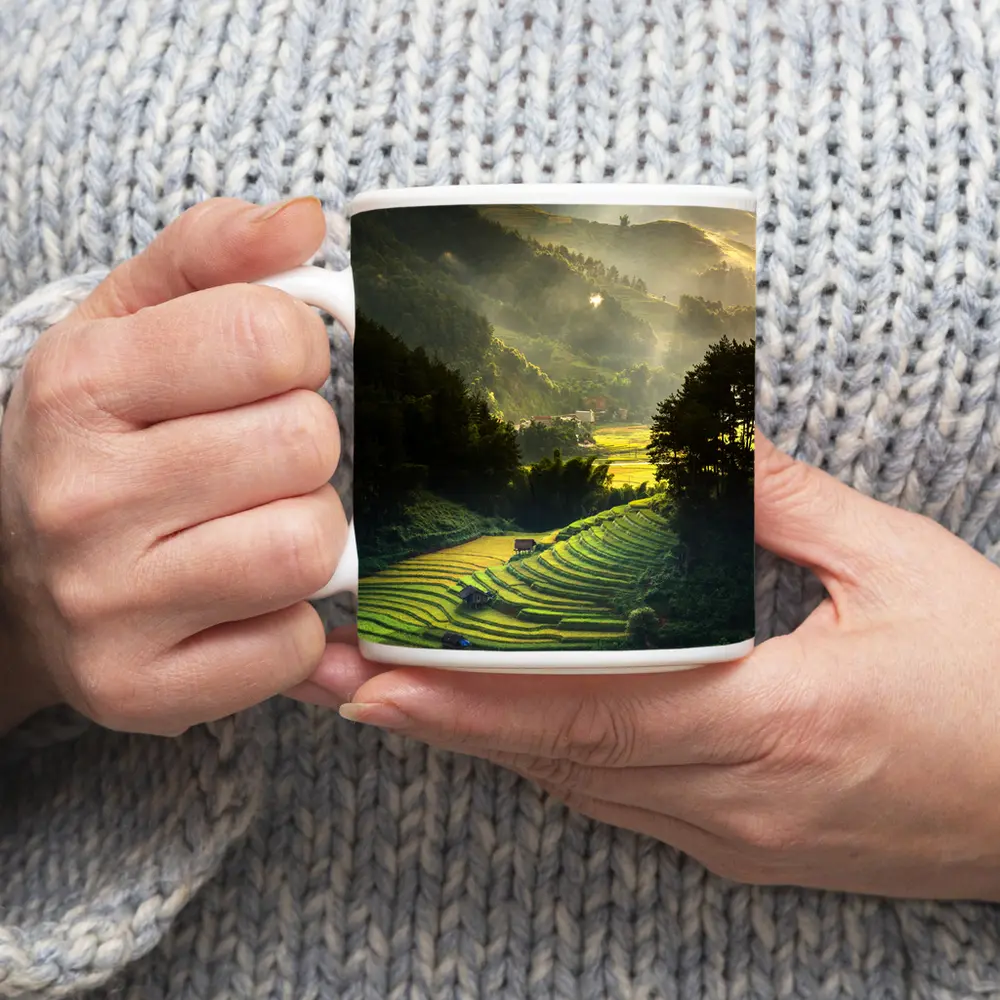 Rice Fields Terraces Golden Misty Mountain Valley – Mugs