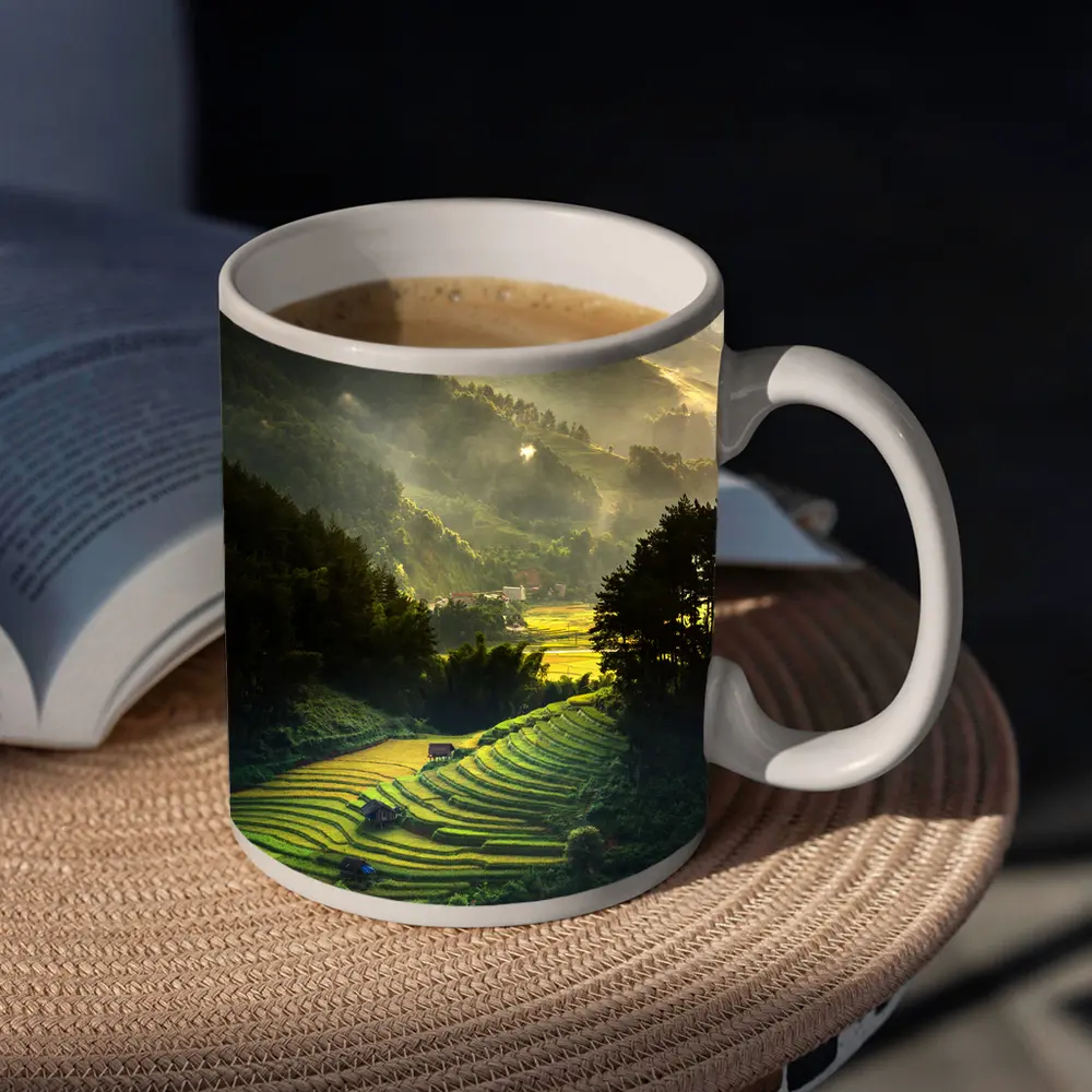 Rice Fields Terraces Golden Misty Mountain Valley – Mugs