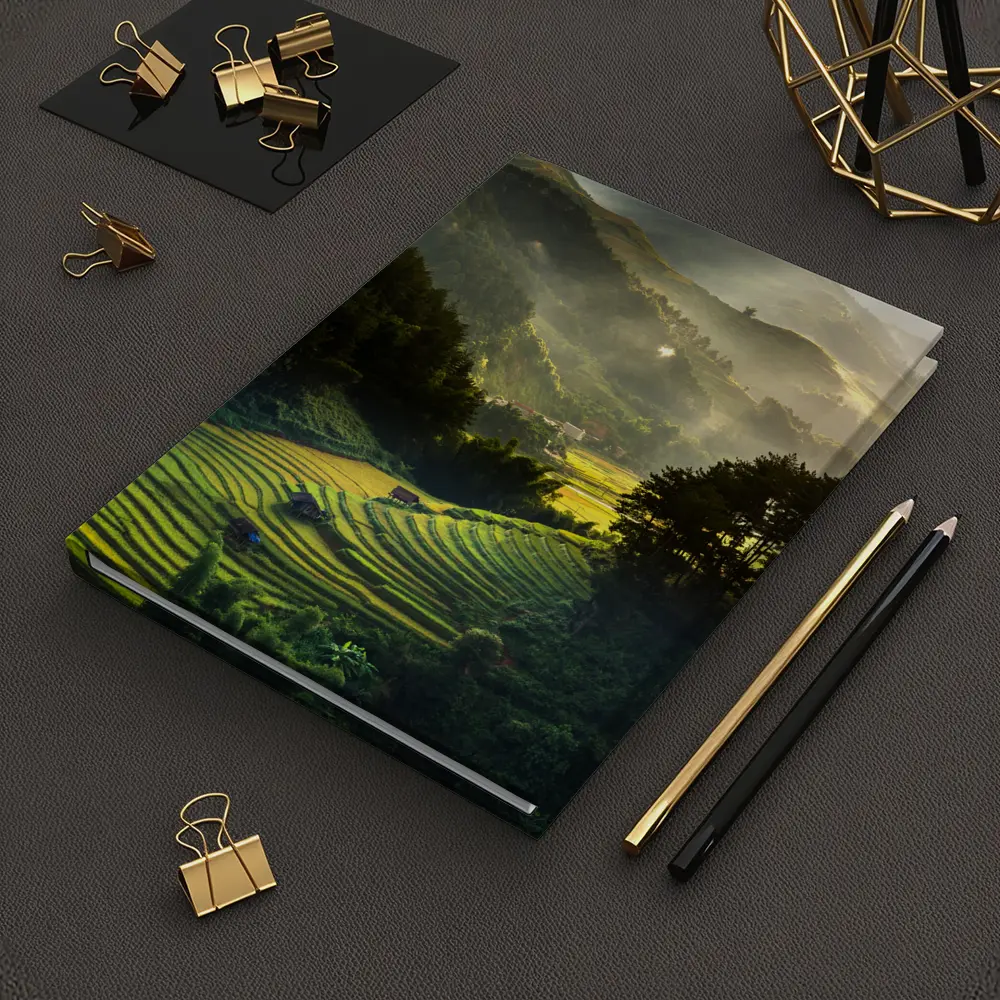 Rice Fields Terraces Golden Misty Mountain Valley – Notebooks