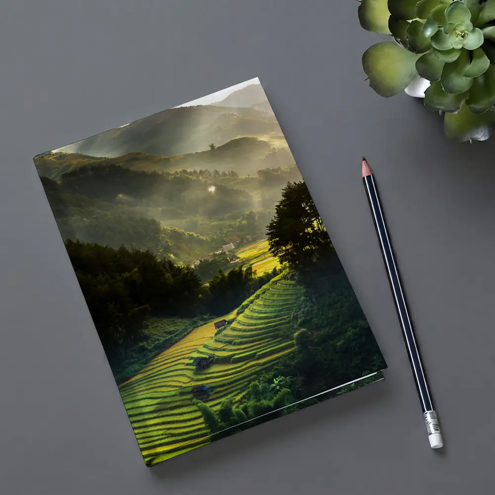 Rice Fields Terraces Golden Misty Mountain Valley – Notebooks