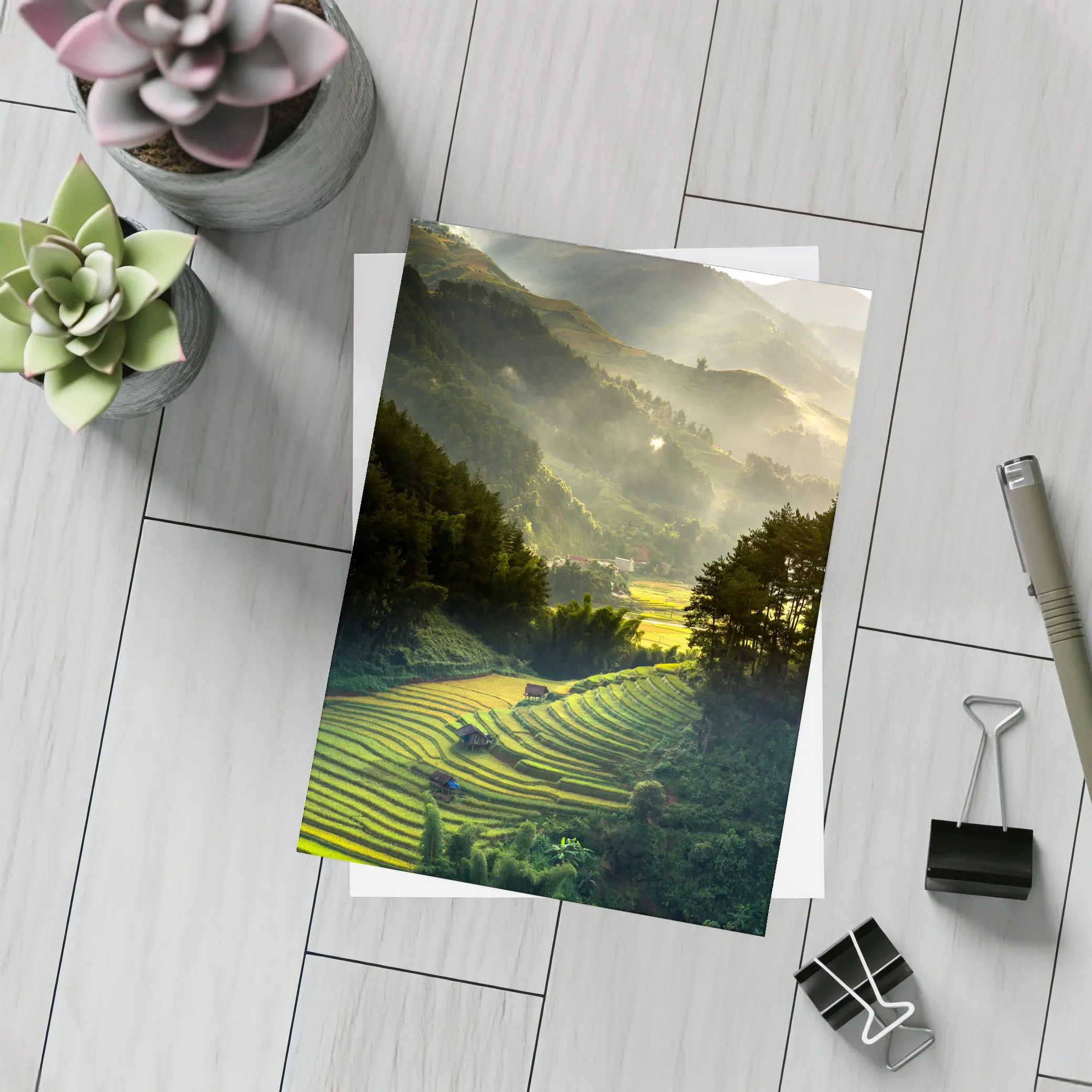 Rice Fields Terraces Golden Misty Mountain Valley – Postcards