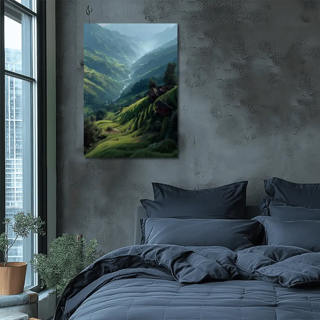 Green Rice Fields Valley Mountain Landscape – Wall Art