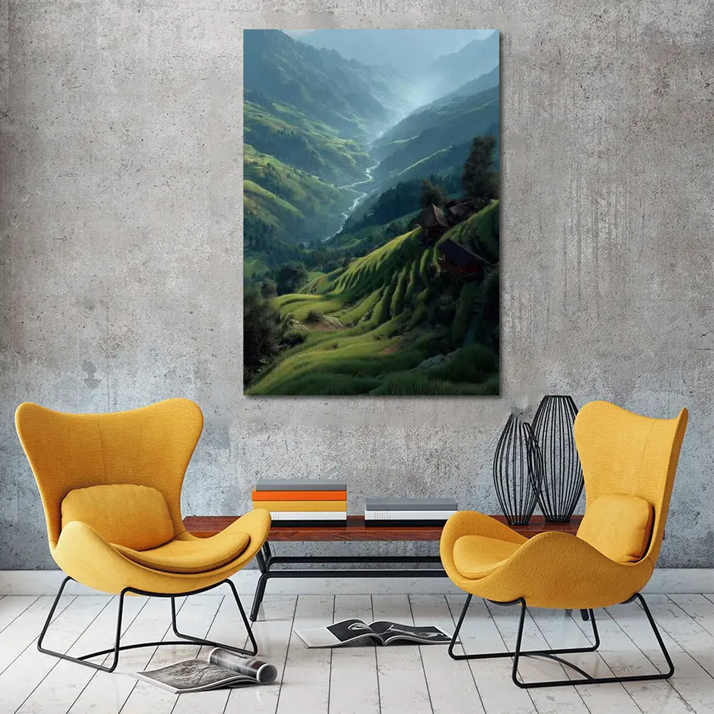 Green Rice Fields Valley Mountain Landscape – Wall Art