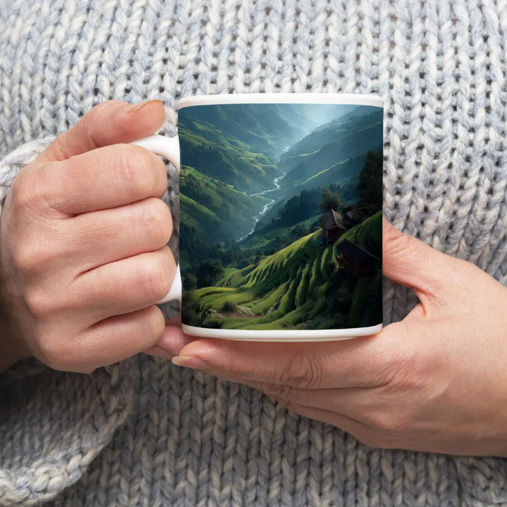 Green Rice Fields Valley Mountain Landscape – Mugs