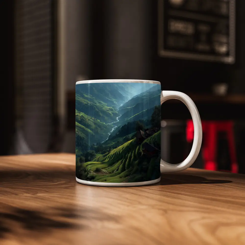 Green Rice Fields Valley Mountain Landscape – Mugs